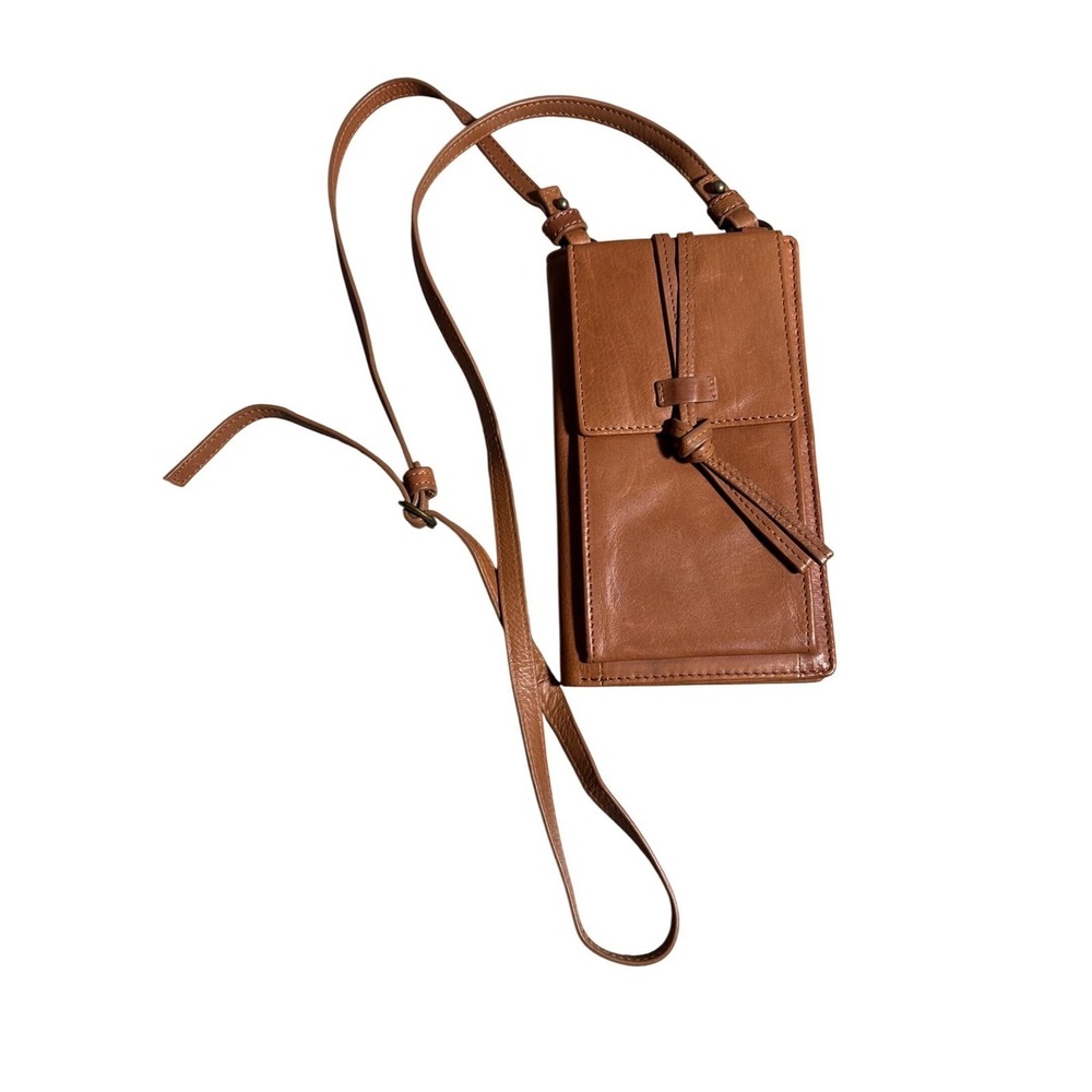 Lucky Brand Cognac Leather Crossbody Phone Wallet Bag Adjustable Strap Boho